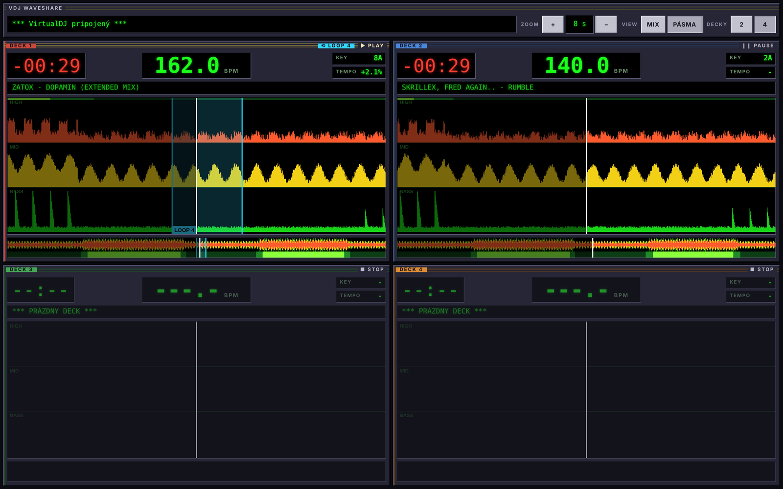 Dashboard with 4 decks: big BPM, time left, 3-band waveform in separate lanes, loop region and energy strip